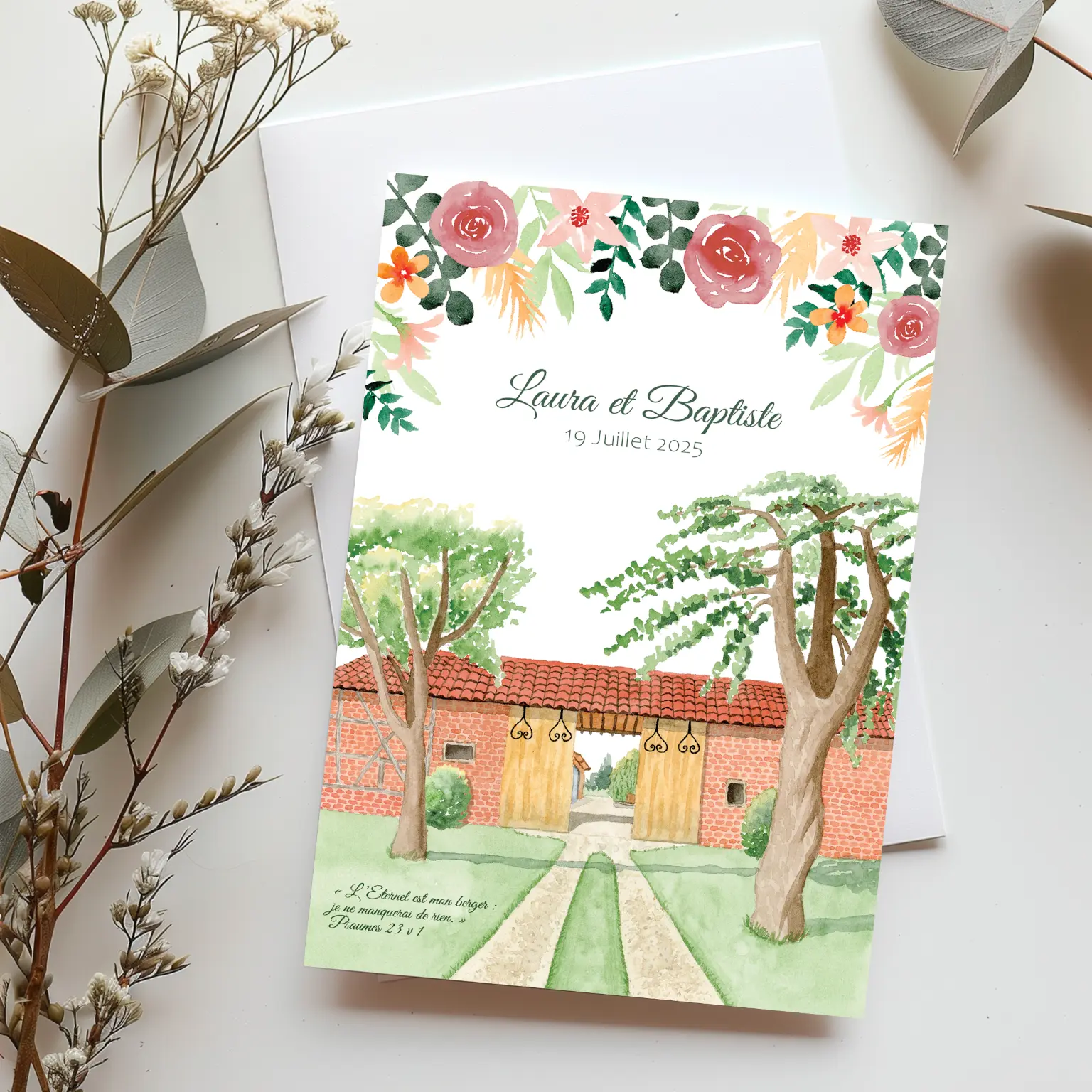 Faire-part de mariage à l'aquarelle champêtre au domaine de Prales