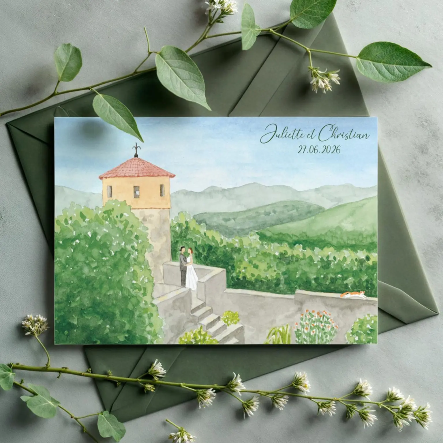 Faire-part de mariage à l'aquarelle d'un chateau médiévial