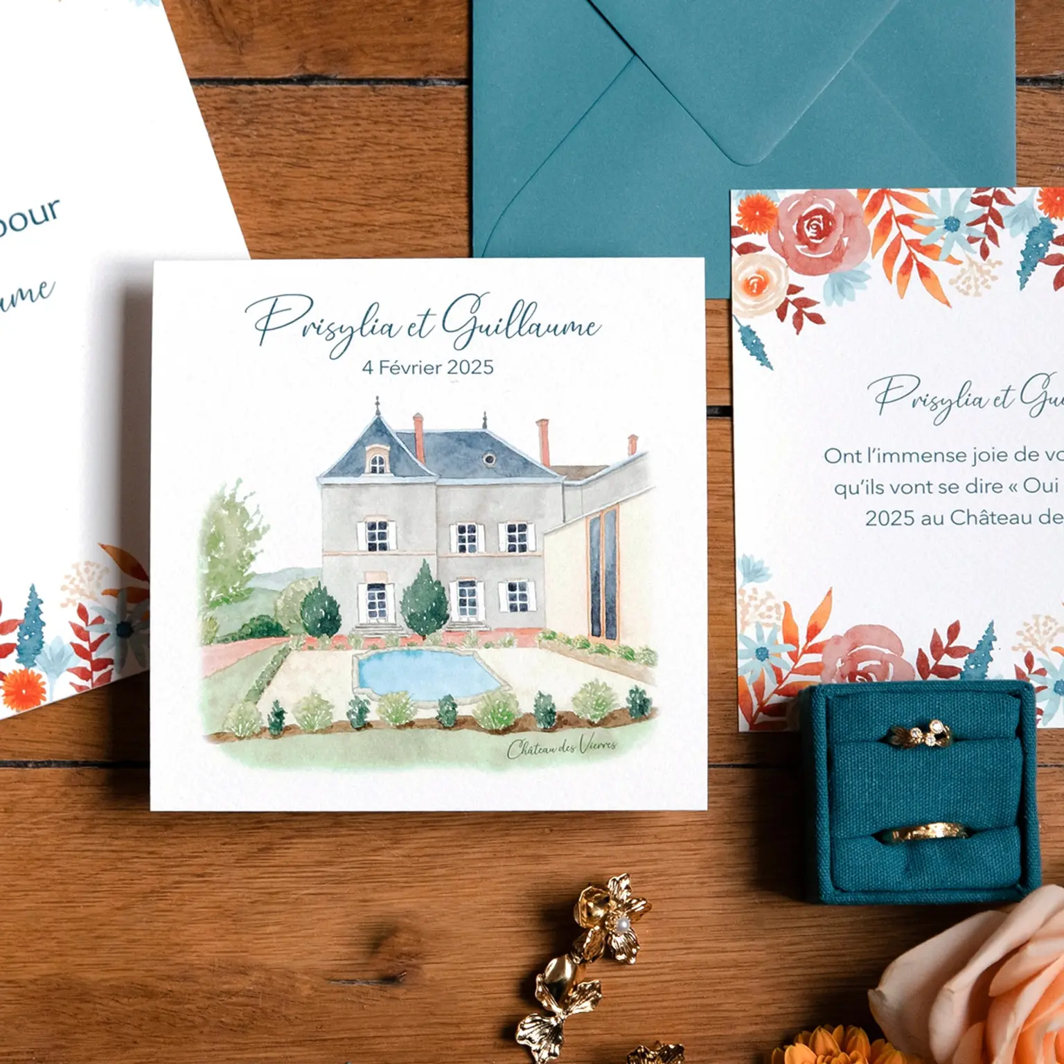 Faire-part de mariage à l'aquarelle du Château des Vierres, dans le Beaujolais
