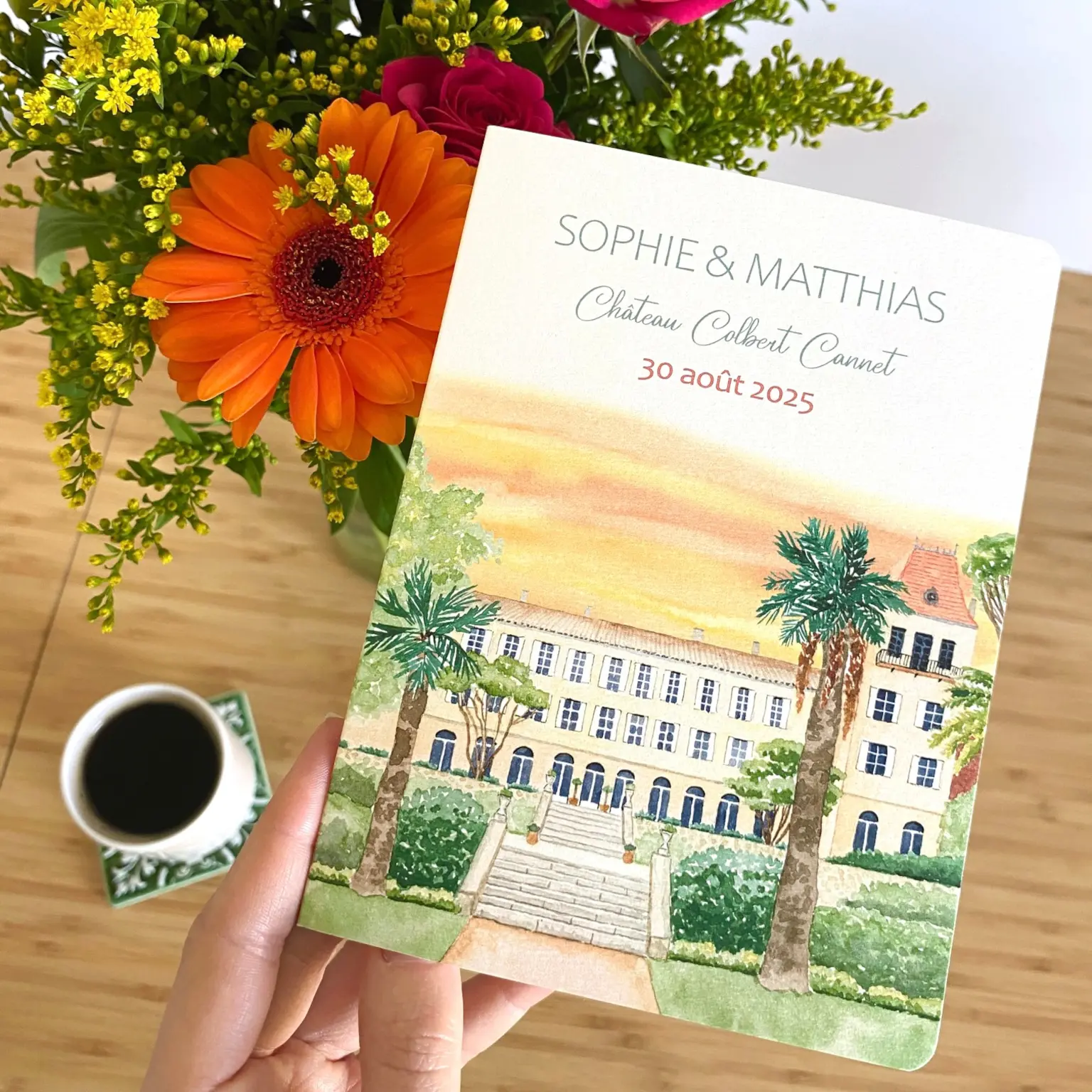Faire-part de mariage à l'aquarelle du Château Cobert Cannet, dans le Var