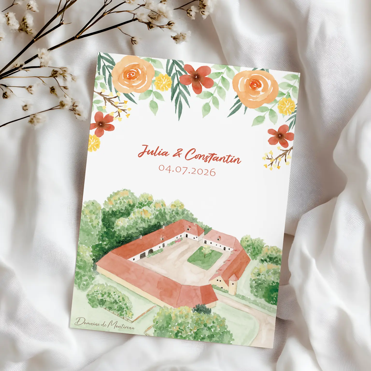 Faire-part de mariage à l'aquarelle du domaine de Montireau
