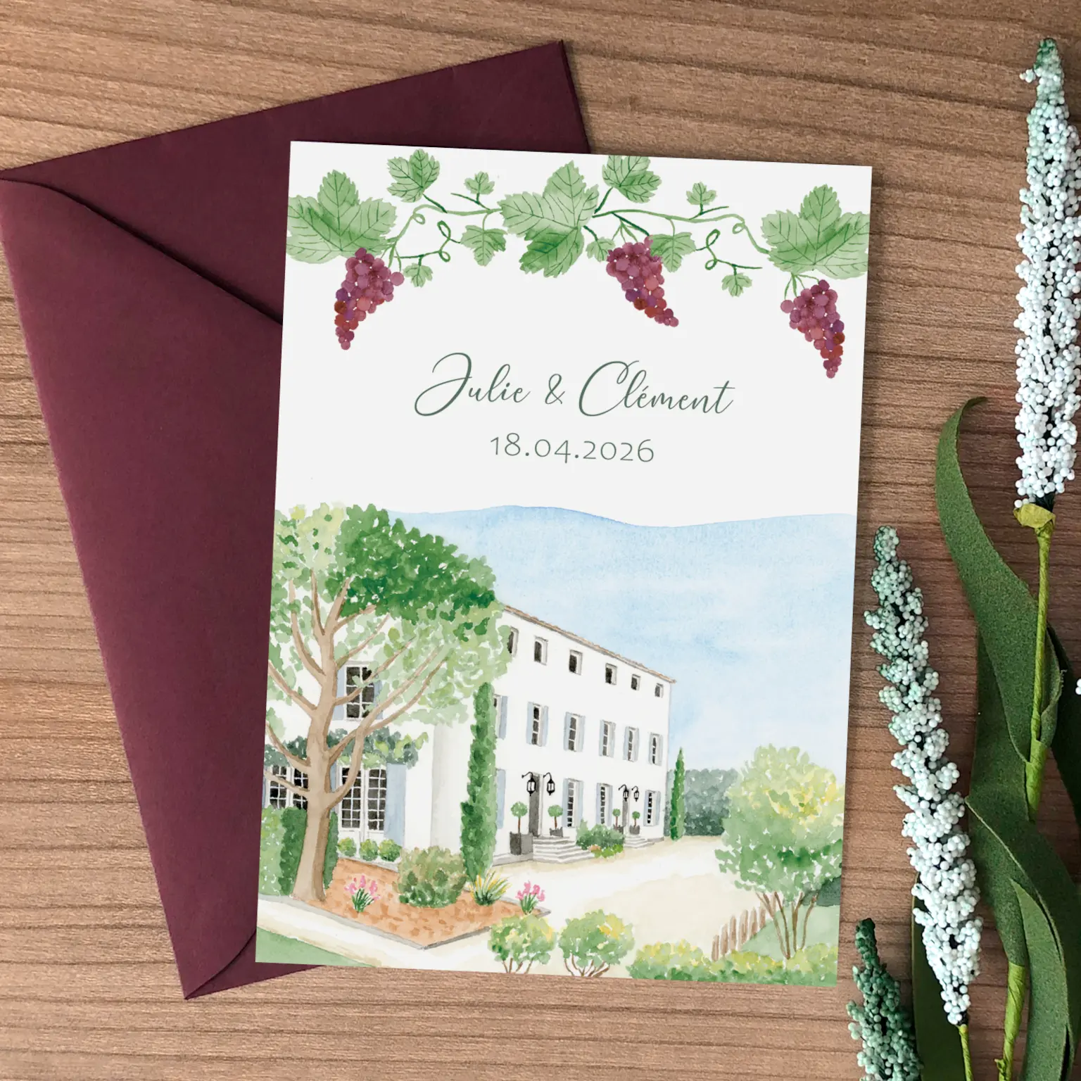 Faire-part de mariage à l'aquarelle du domaine Morgon La Javanière