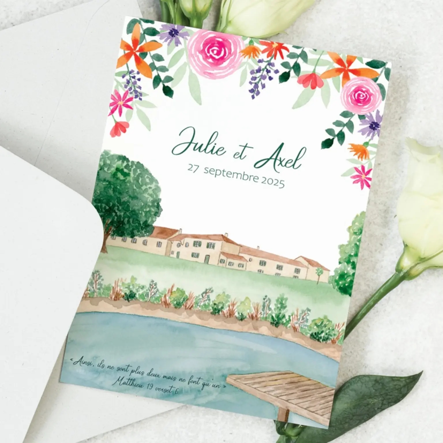 Faire-part de mariage à l'aquarelle avec illustration du domaine