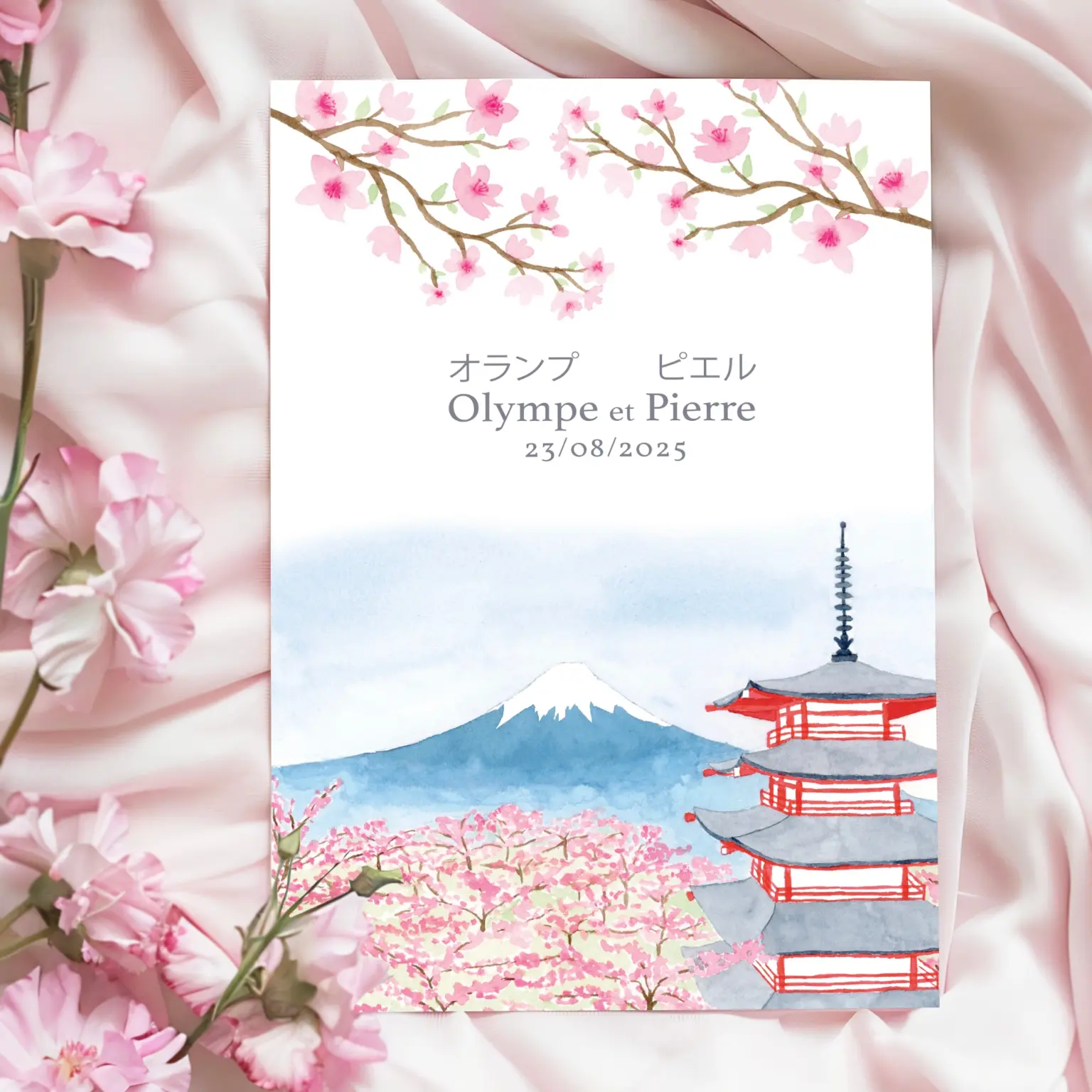 Faire-part de mariage à l'aquarelle sur le thème du Japon avec illustration du Mont Fuji
