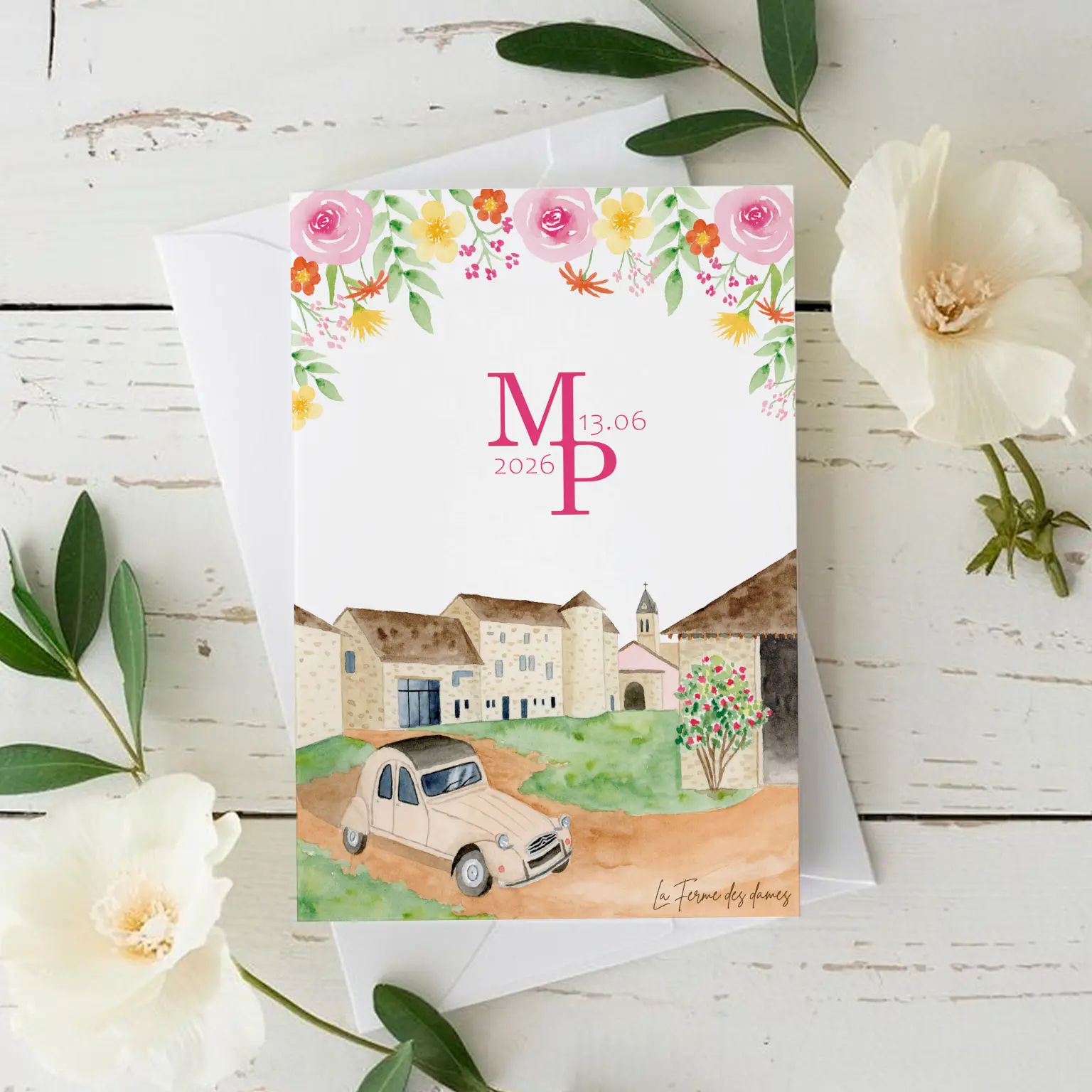 Faire-part de mariage à l'aquarelle de la ferme des Dames