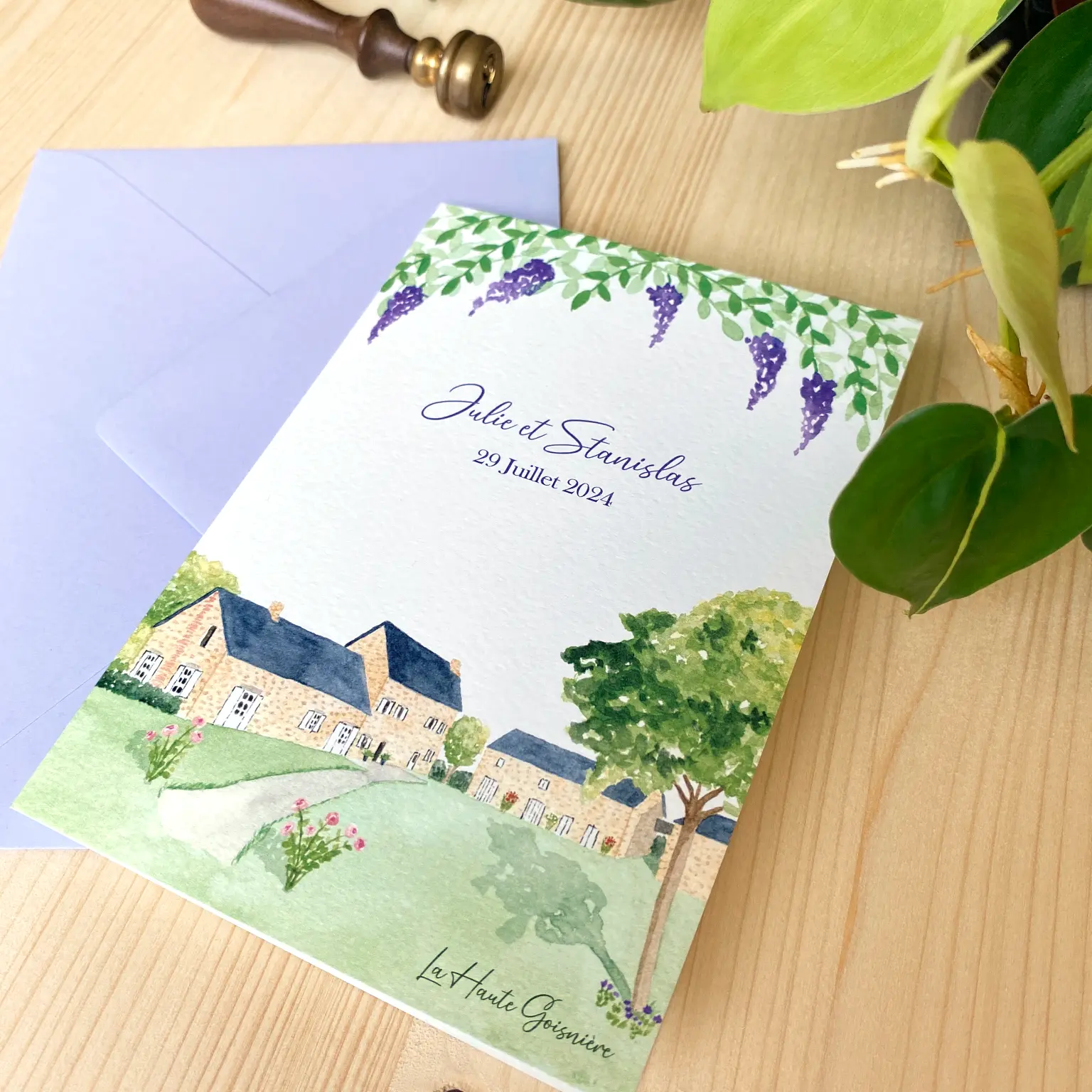 Faire-part de mariage à l'aquarelle d'une maison de famille à la campagne