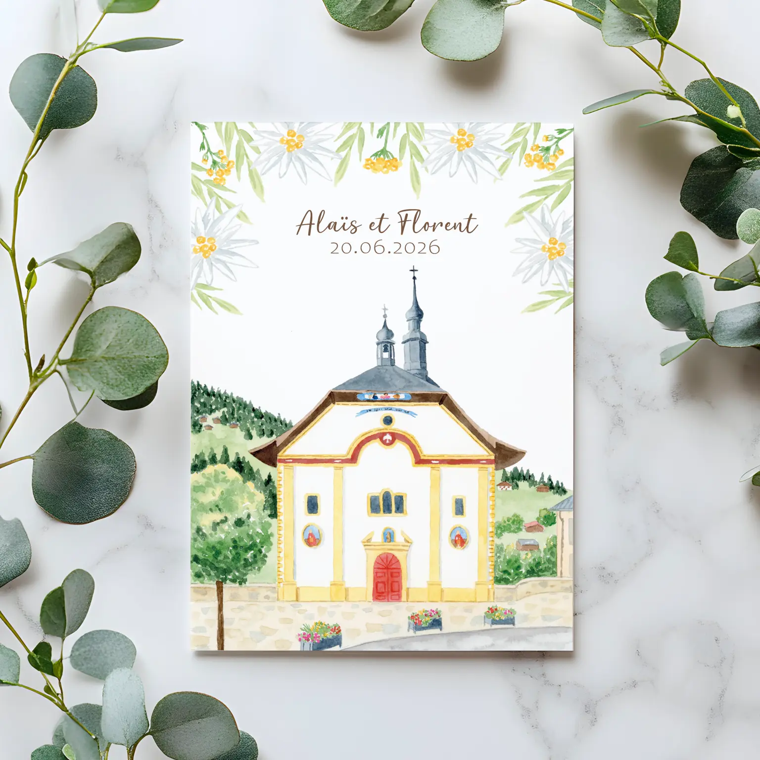 Faire-part de mariage à l'aquarelle de l'église de Saint-Gervais-les-Bains