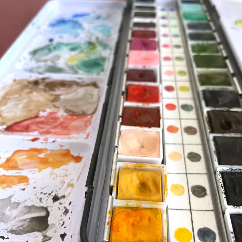 Photo de près d'une palette d'aquarelle