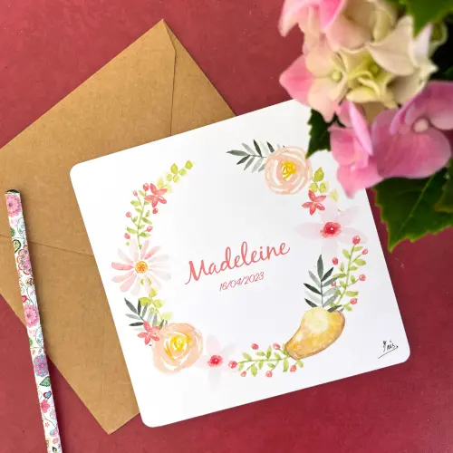 Faire-part de naissance : Madeleine et fleurs de printemps