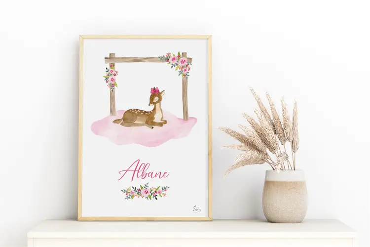 Tableau de naissance avec un biche sur un nuage rose